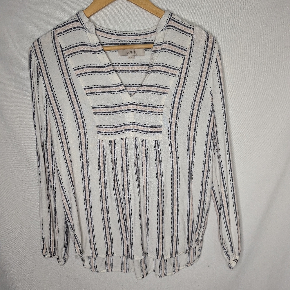 Ann Taylor LOFT Women's White Pink Striped V Neck Shirt Peasant Top Size S